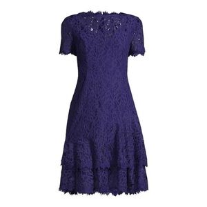 Shani Navy Blue Short Sleeve Lace Ruffle Hem Dress Size 10 New